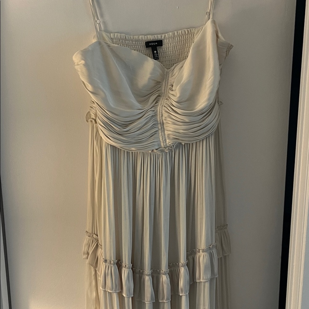 Aqua Strapless Cream Dress with Ruffle Detail